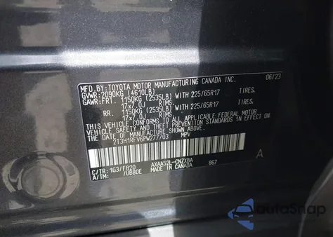 2023 Toyota Rav4 Le из США, поврежденный, VIN 2T3H1RFV6PW277703